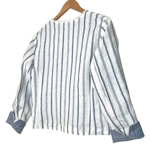 Chico's Size 0 (S/4) Stripe Linen Frayed Open Front Jacket Lined Career Wear - Picture 7 of 12